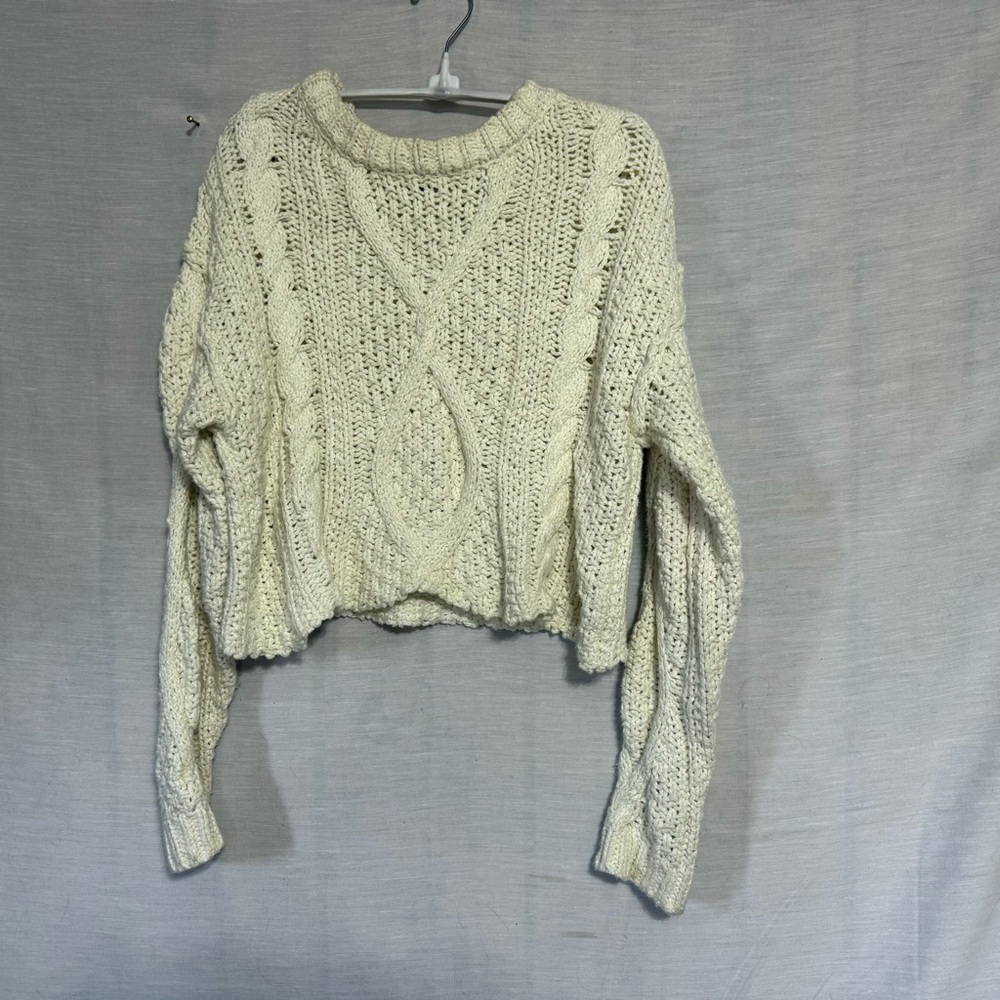 Free People Cable Knit Sweater Cream Cropped Chunky Pullover S